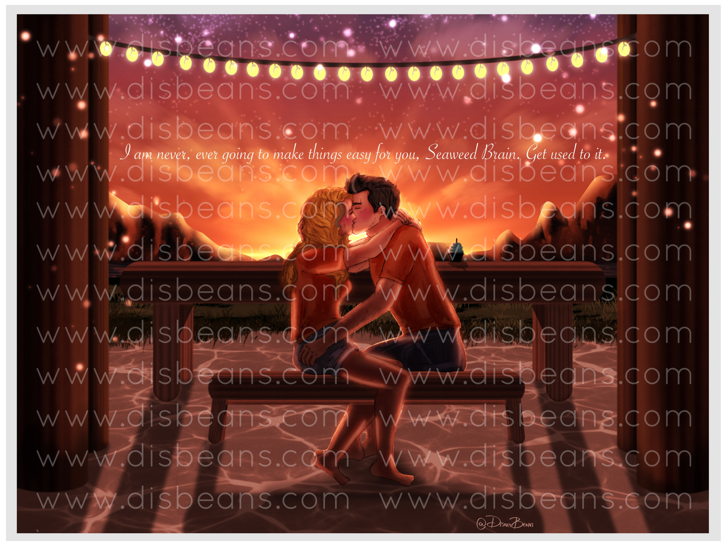 Escena de beso en el banco de Percabeth TLO (con cita/sin cita) Elija una impresión de tamaño de tarjeta o una pegatina brillante pequeña Paisaje Percy Jackson Annabeth Chase PJO y los atletas olímpicos