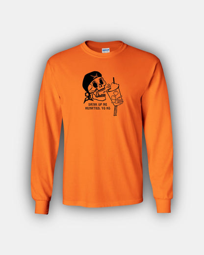 Spooky Pirate Iced Coffee Beans “Drink Up Me Hearties, Yo Ho” Classic Fit Long Sleeve T-Shirt