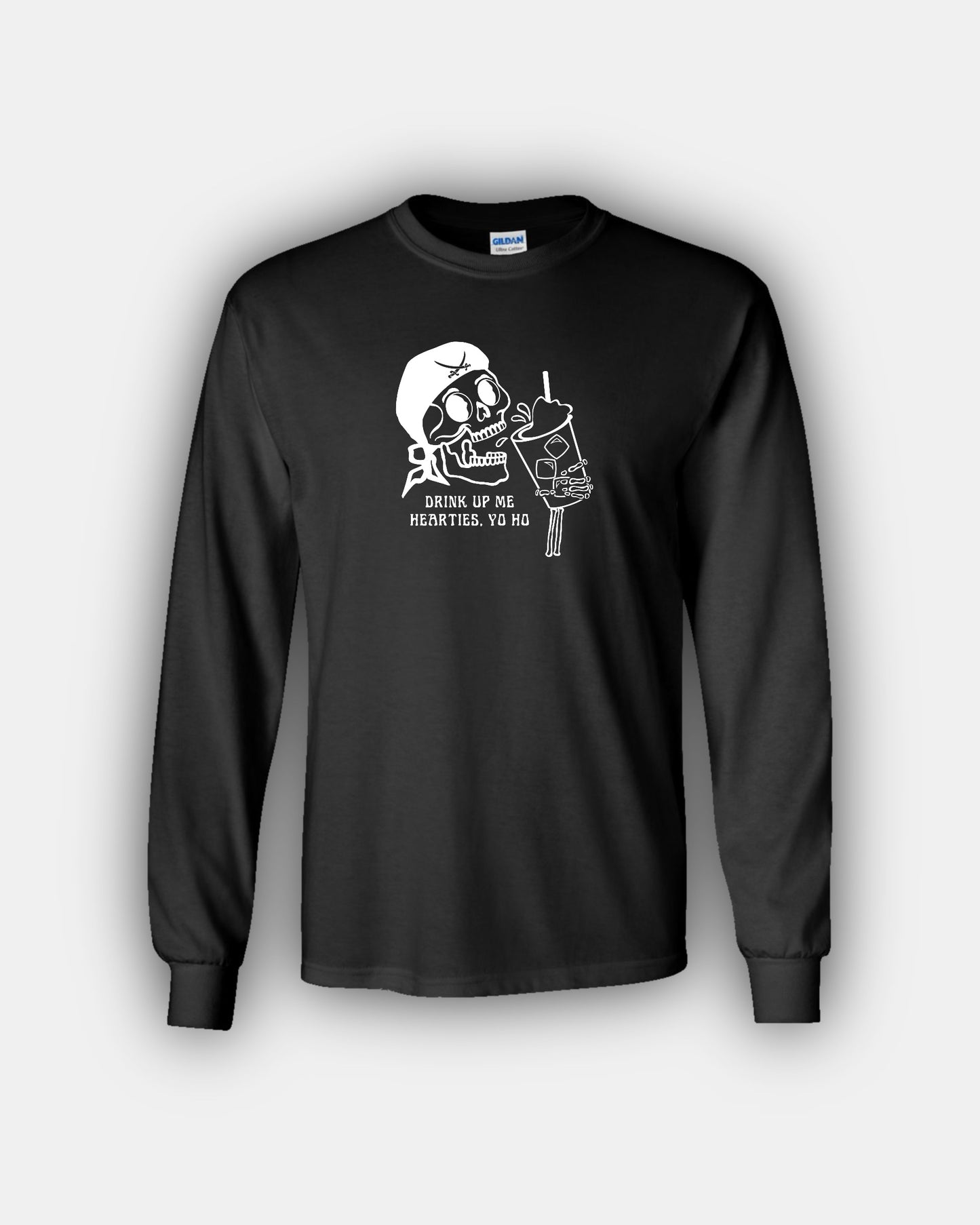 Spooky Pirate Iced Coffee Beans “Drink Up Me Hearties, Yo Ho” Classic Fit Long Sleeve T-Shirt