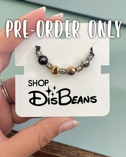 ***PRE-ORDER ONLY*** Camp Half-Blood - Percy's Corded Necklace - ADJUSTABLE Pull String Necklace in BLACK with Custom BLACK GOLD ROSE GOLD SILVER Charms Circle Beads Double-Sided Engraved Stainless Steel
