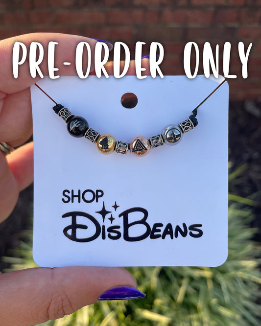 ***PRE-ORDER ONLY*** Camp Half-Blood - Percy's Corded Necklace - ADJUSTABLE Pull String Necklace in BLACK with Custom BLACK GOLD ROSE GOLD SILVER Charms Circle Beads Double-Sided Engraved Stainless Steel