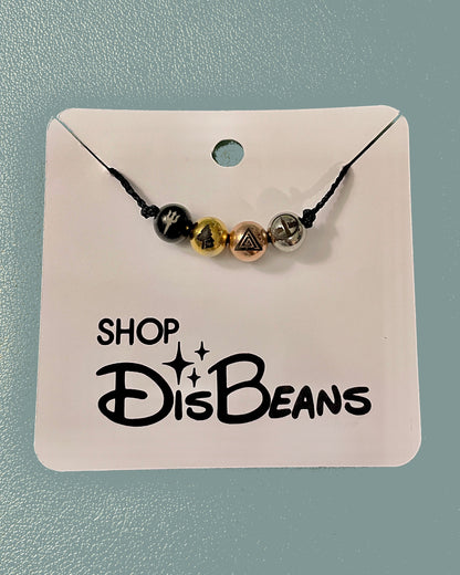 ***PRE-ORDER ONLY*** Camp Half-Blood - Percy's Corded Necklace - ADJUSTABLE Pull String Necklace in BLACK with Custom BLACK GOLD ROSE GOLD SILVER Charms Circle Beads Double-Sided Engraved Stainless Steel