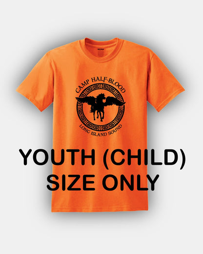 Camp Half-Blood YOUTH - Standard and New Pegasus Design - YOUTH SIZE ONLY Classic Fit T-Shirt UNISEX Orange PJO Percy Jackson Annabeth Chase Short Sleeves