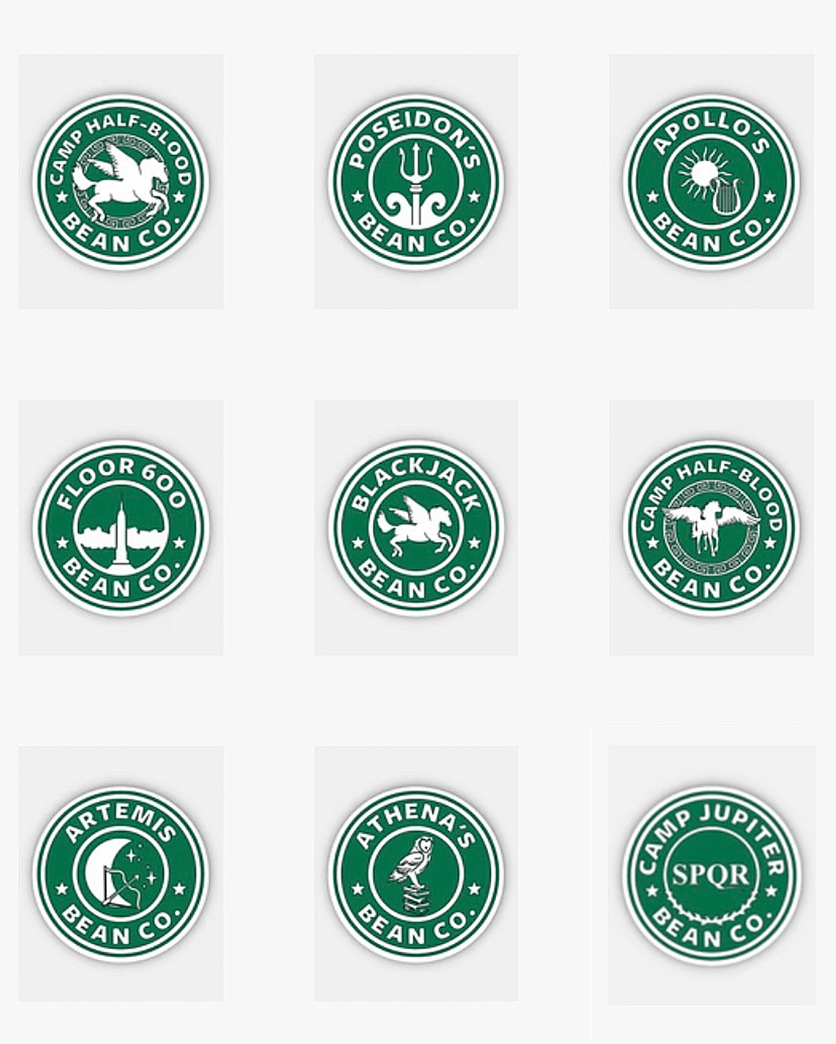 PERCY JACKSON - Bean Co. Small GLOSSY Stickers - Starbies Coffee Company PJO HOO Percy Jackson and the Olympians