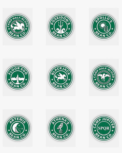 PERCY JACKSON - Bean Co. Small GLOSSY Stickers - Starbies Coffee Company PJO HOO Percy Jackson and the Olympians
