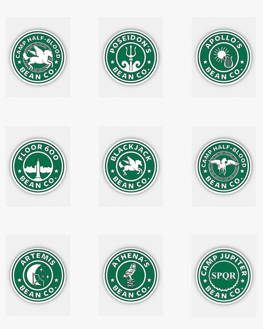 PERCY JACKSON - Bean Co. Small GLOSSY Stickers - Starbies Coffee Company PJO HOO Percy Jackson and the Olympians