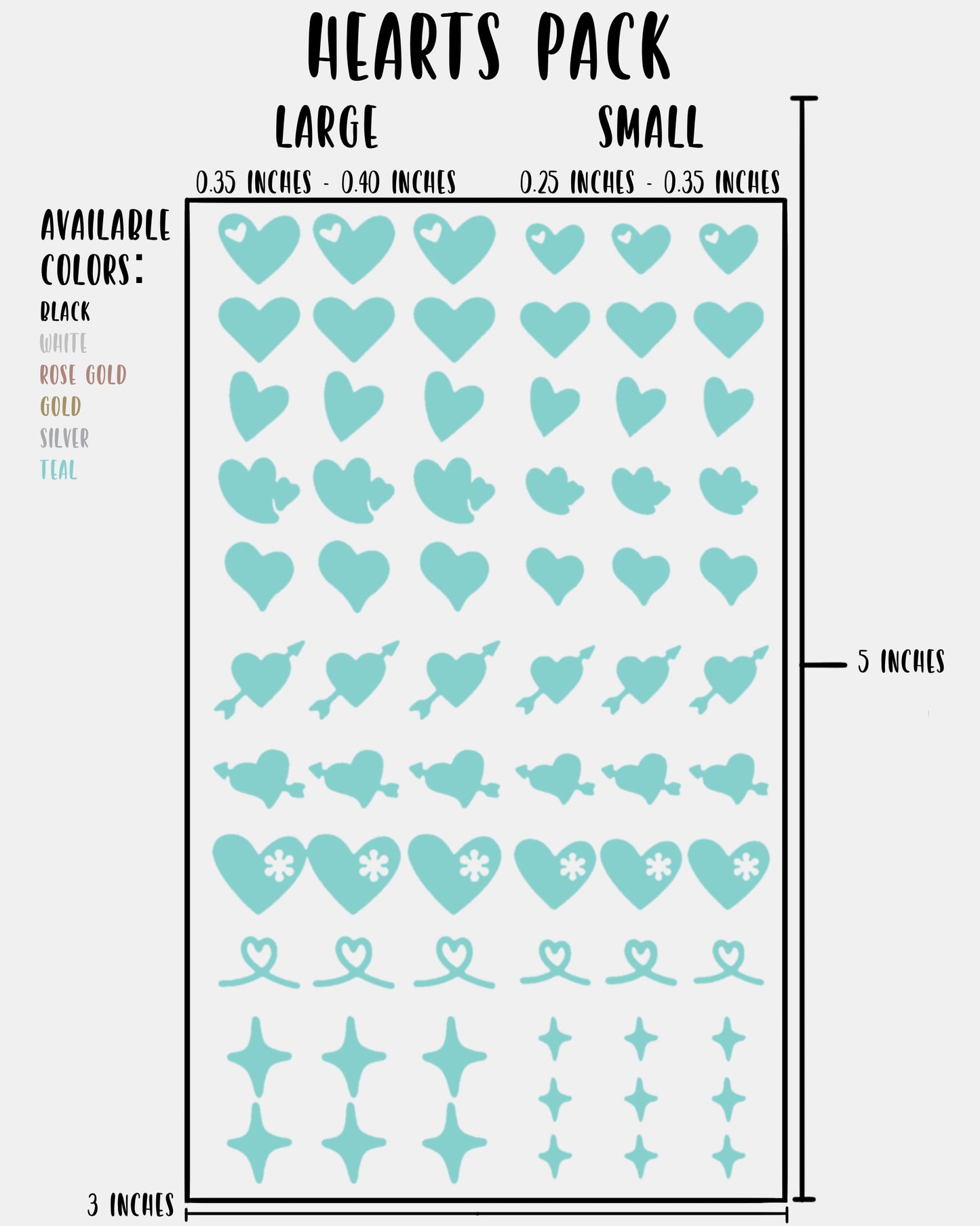 Hearts Pack - Nail Decal Sticker Sheet Decals Heart Star Sparkle Stars SMALL LARGE Single Sheet Handmade