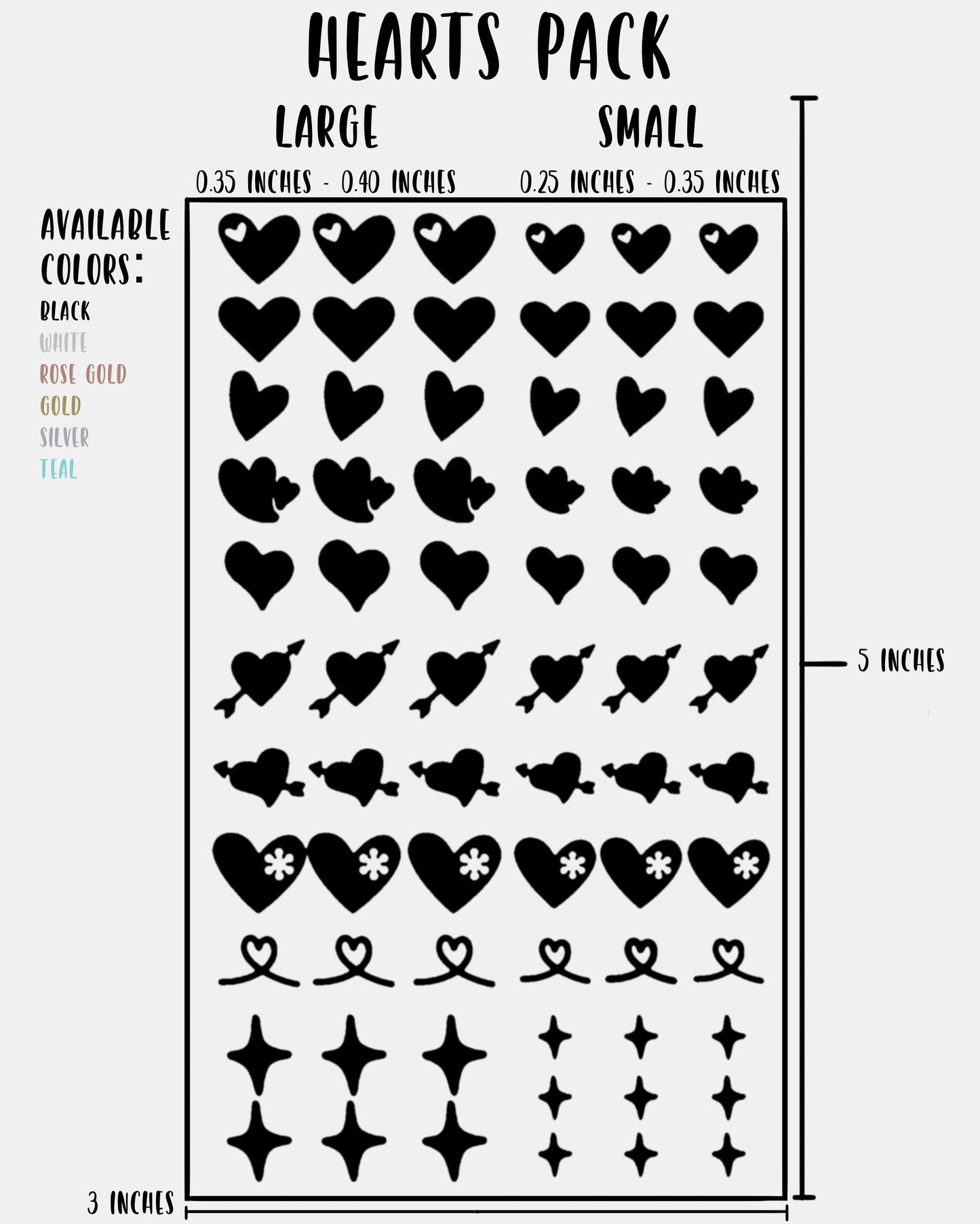 Hearts Pack - Nail Decal Sticker Sheet Decals Heart Star Sparkle Stars SMALL LARGE Single Sheet Handmade