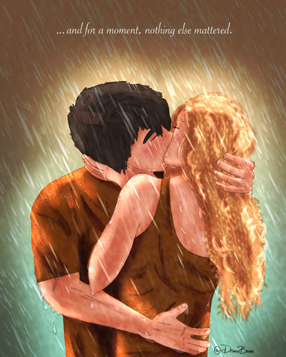 Percabeth besándose bajo la lluvia Elija una impresión del tamaño de una tarjeta o una pegatina brillante pequeña Retrato de Percy Jackson PJO y los atletas olímpicos