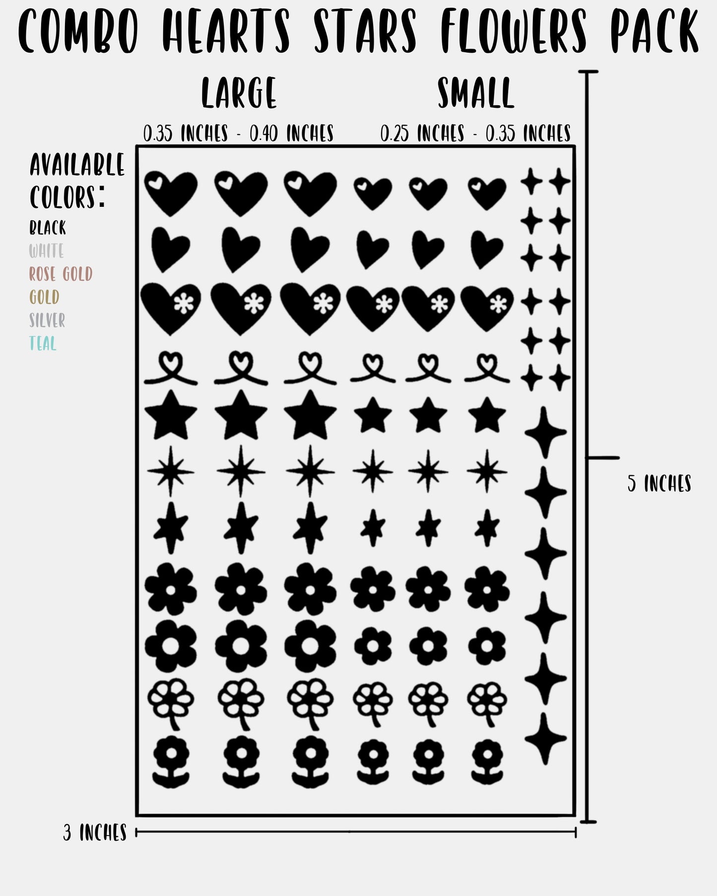 COMBO Hearts Stars Flowers Pack - Nail Decal Sticker Sheet Decals Floral Star Sparkle SMALL LARGE Single Sheet Handmade