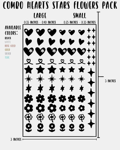 COMBO Hearts Stars Flowers Pack - Nail Decal Sticker Sheet Decals Floral Star Sparkle SMALL LARGE Single Sheet Handmade