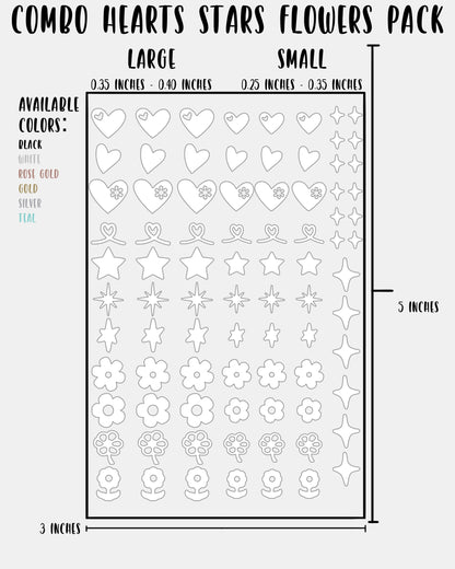 COMBO Hearts Stars Flowers Pack - Nail Decal Sticker Sheet Decals Floral Star Sparkle SMALL LARGE Single Sheet Handmade