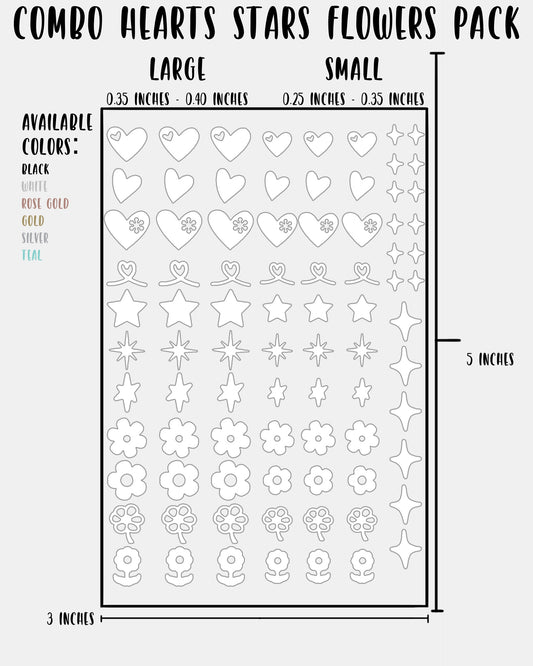 COMBO Hearts Stars Flowers Pack - Nail Decal Sticker Sheet Decals Floral Star Sparkle SMALL LARGE Single Sheet Handmade