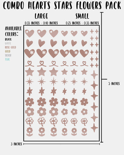 COMBO Hearts Stars Flowers Pack - Nail Decal Sticker Sheet Decals Floral Star Sparkle SMALL LARGE Single Sheet Handmade