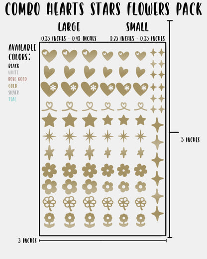 COMBO Hearts Stars Flowers Pack - Nail Decal Sticker Sheet Decals Floral Star Sparkle SMALL LARGE Single Sheet Handmade