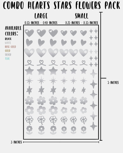 COMBO Hearts Stars Flowers Pack - Nail Decal Sticker Sheet Decals Floral Star Sparkle SMALL LARGE Single Sheet Handmade