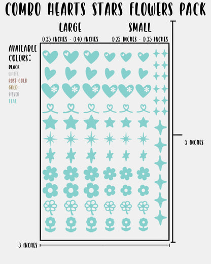 COMBO Hearts Stars Flowers Pack - Nail Decal Sticker Sheet Decals Floral Star Sparkle SMALL LARGE Single Sheet Handmade
