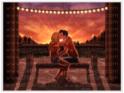 Escena de beso en el banco de Percabeth TLO (con cita/sin cita) Elija una impresión de tamaño de tarjeta o una pegatina brillante pequeña Paisaje Percy Jackson Annabeth Chase PJO y los atletas olímpicos