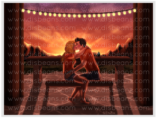Escena de beso en el banco de Percabeth TLO (con cita/sin cita) Elija una impresión de tamaño de tarjeta o una pegatina brillante pequeña Paisaje Percy Jackson Annabeth Chase PJO y los atletas olímpicos
