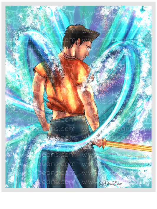 Percy Sea God Jackson Elija una impresión del tamaño de una tarjeta o una pequeña pegatina brillante Retrato de Percy Jackson PJO y los atletas olímpicos