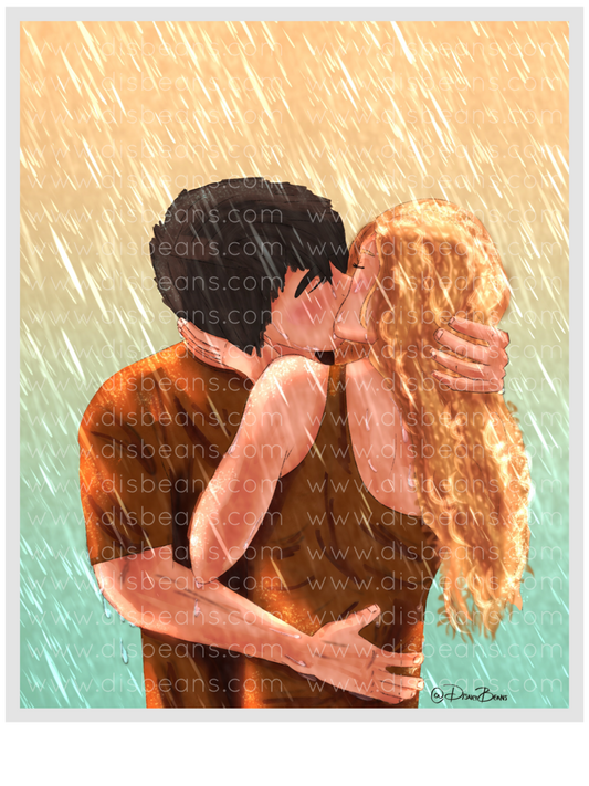 Percabeth besándose bajo la lluvia Elija una impresión del tamaño de una tarjeta o una pegatina brillante pequeña Retrato de Percy Jackson PJO y los atletas olímpicos