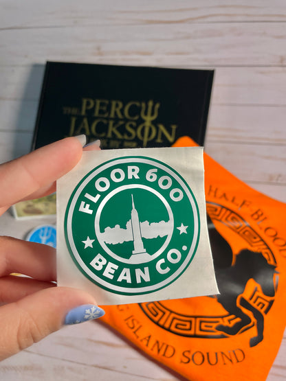 Percy Jackson FAN BOX - Classic-Fit T-Shirt, Sticker Pack, Bean Co. Decal, CHB Map Bookmark, CHB String Bracelet
