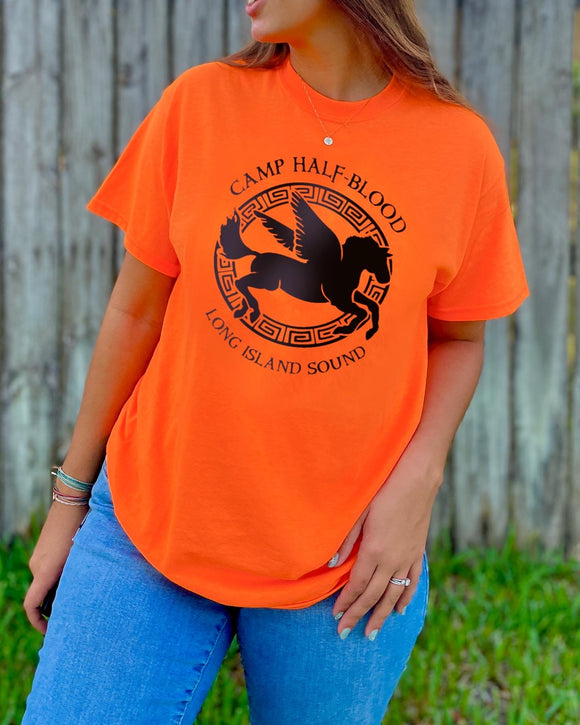 Camp Half-Blood - Standard Pegasus Design - Classic Fit T-Shirt UNISEX Orange PJO Percy Jackson Annabeth Chase Short Sleeves