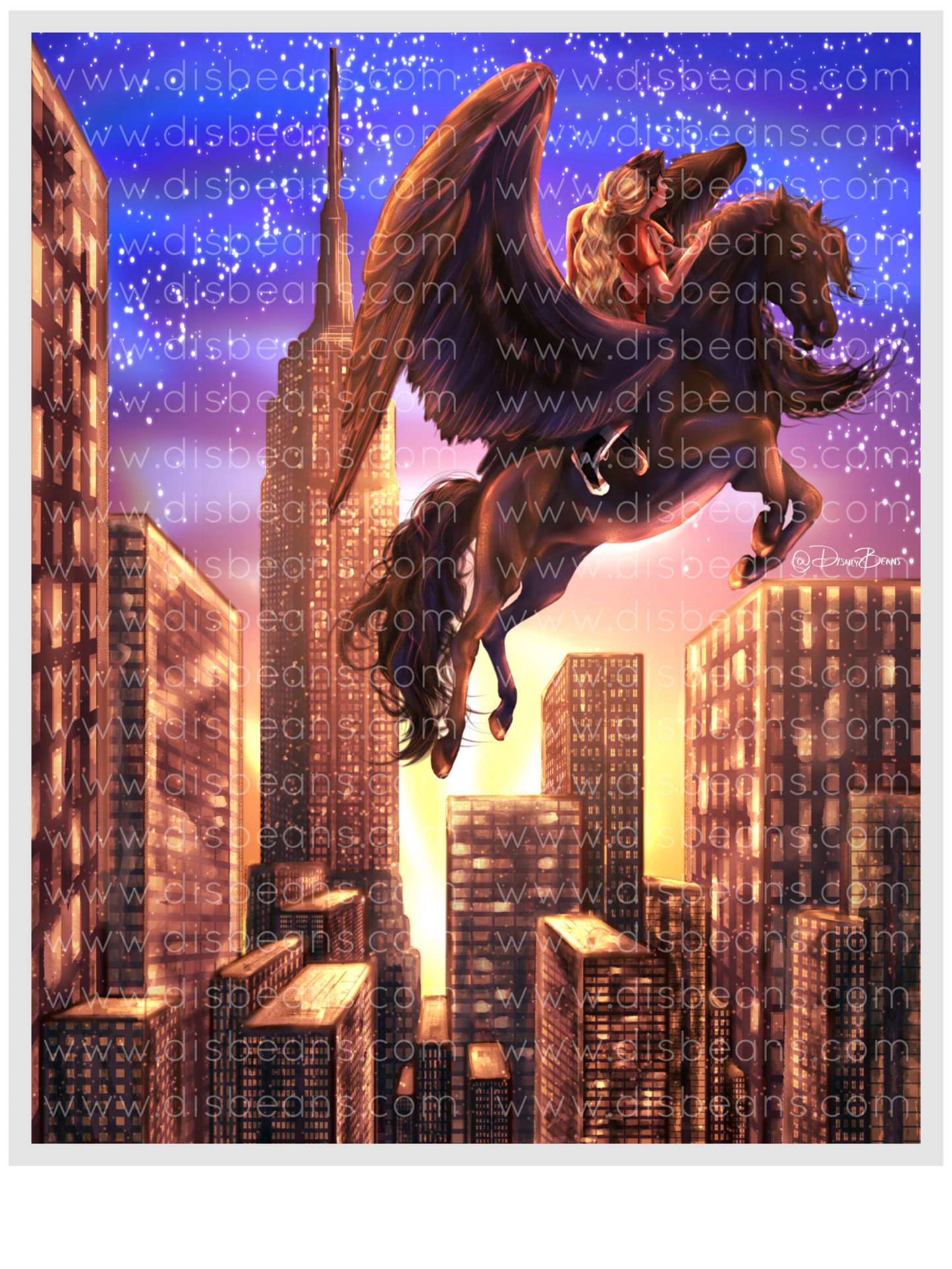 Blackjack Percabeth Flying NYC Goodnight Elija una impresión del tamaño de una tarjeta o una pegatina brillante pequeña Retrato de Percy Jackson PJO y los atletas olímpicos
