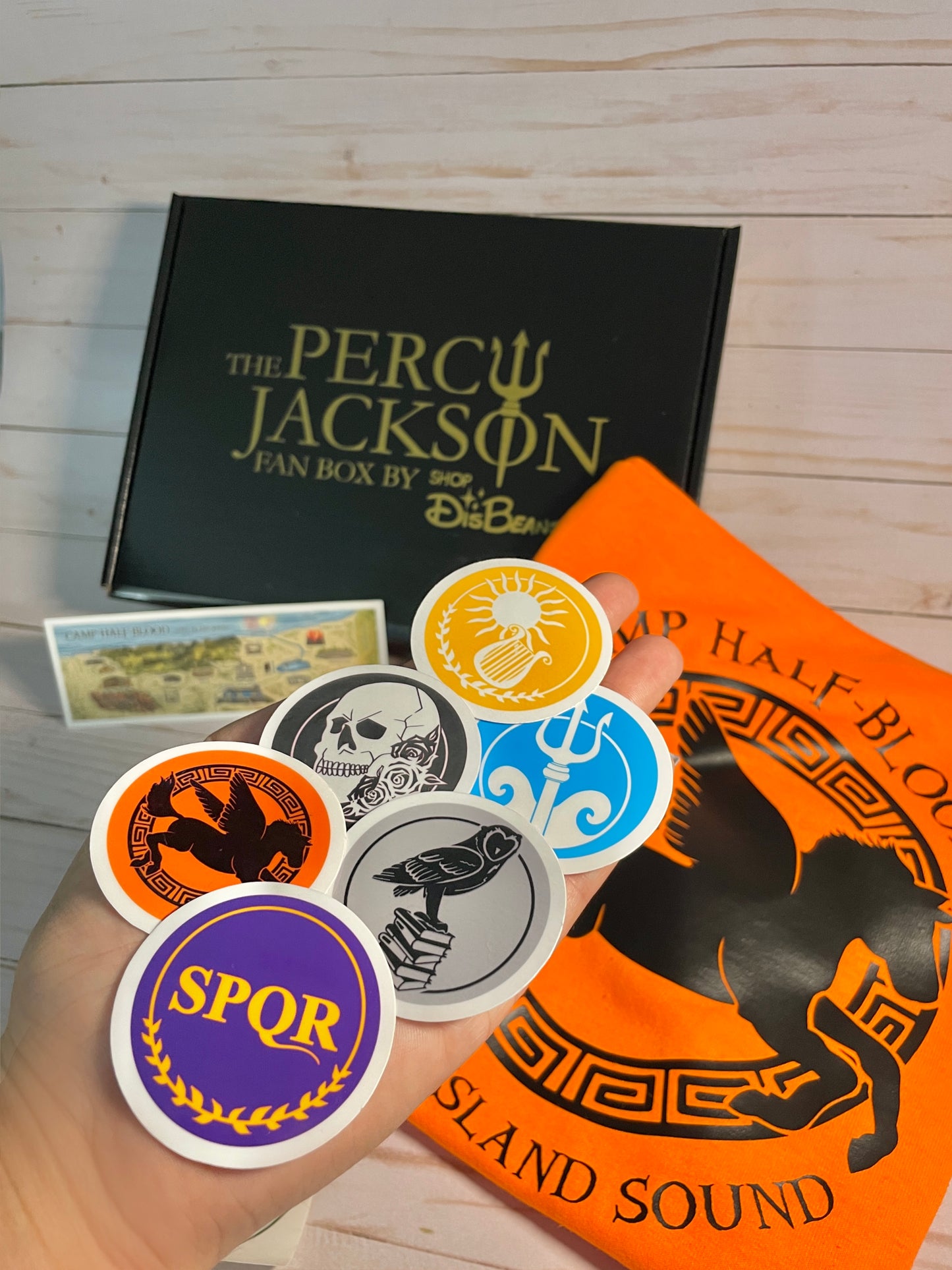 Percy Jackson FAN BOX - Classic-Fit T-Shirt, Sticker Pack, Bean Co. Decal, CHB Map Bookmark, CHB String Bracelet