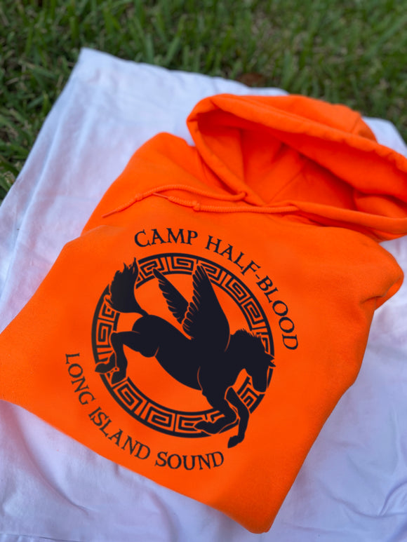 Camp Half-Blood Hoodie - Standard Pegasus Design - Classic Fit Pullover Hooded Sweatshirt Unisex Orange PJO Percy Jackson Annabeth Chase Long Sleeves